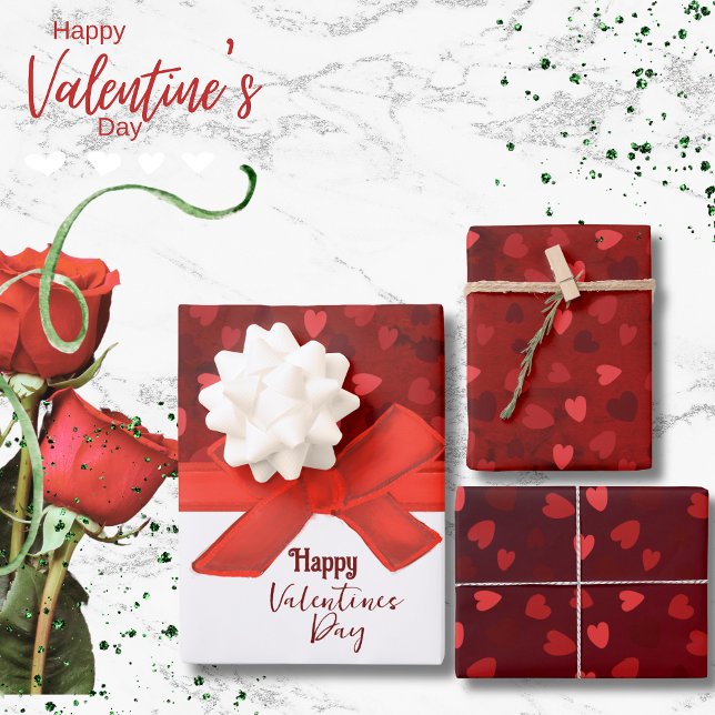 Feuille De Papier Cadeau Beau coeur rouge Bow Valentine (Beautiful Red Hearts Bow Valentine Wrapping Paper Sheets)