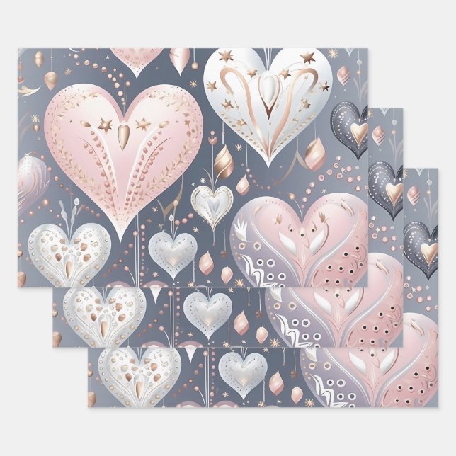 Feuille De Papier Cadeau Beau Coeurs Pastel Élégants (Lot)