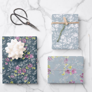 Feuille De Papier Cadeau Beau motif de fleurs d'aquarelle trio