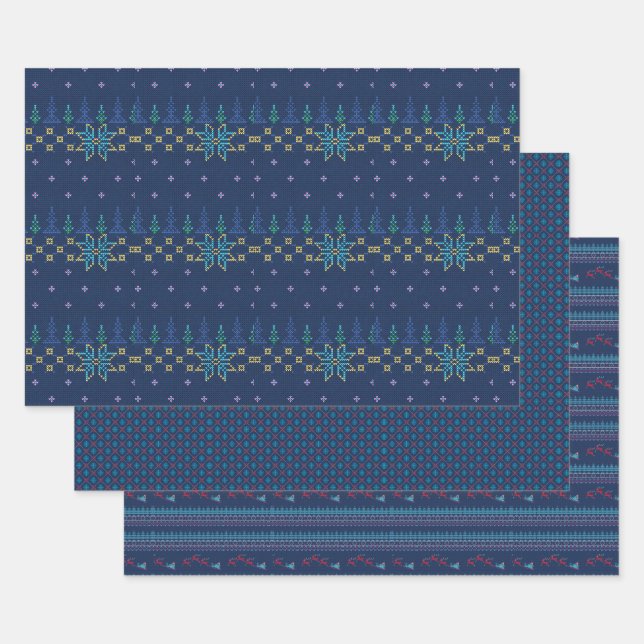 Feuille De Papier Cadeau Beau Motif de tricot bleu (Lot)