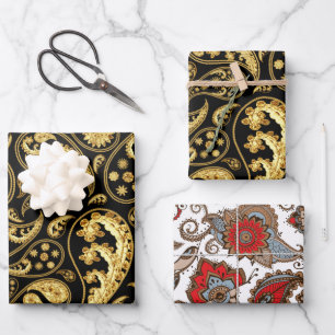 Feuille De Papier Cadeau Beau Motif Rouge, Noir et Or Paisley