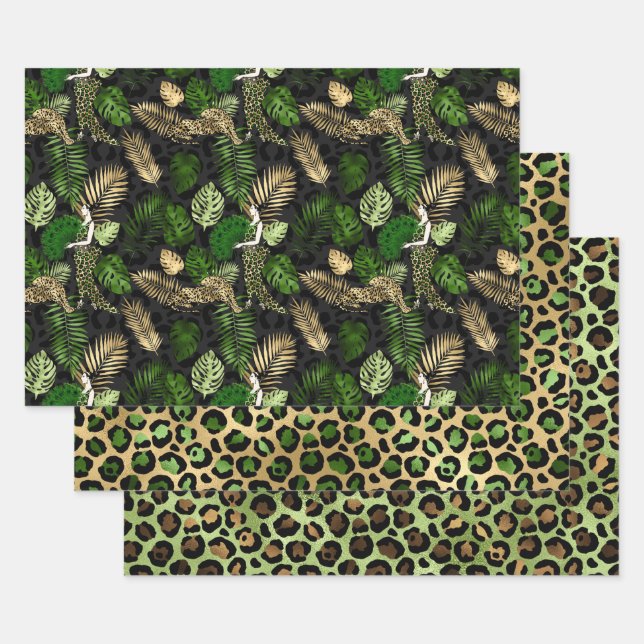 Feuille De Papier Cadeau Beau thème Safari vert et or  (Lot)