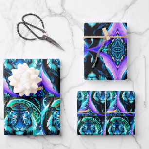 Feuille De Papier Cadeau Beau tigre dans les tons bleus