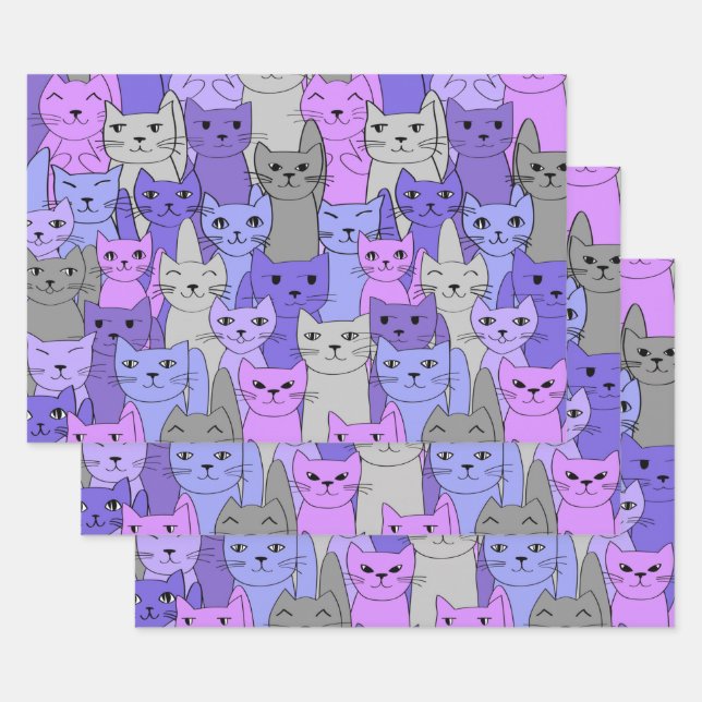 Feuille De Papier Cadeau Beaucoup de chats violets conception (Lot)