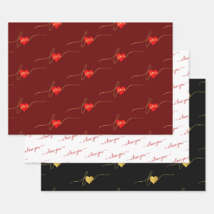 FEUILLE DE PAPIER CADEAU BEAUCOUP DE SCRIPT D'OR MODERNE AVEC LES COEURS