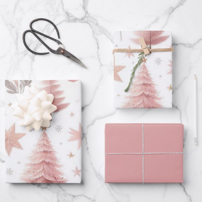 Feuille De Papier Cadeau Beaux modèles de Noël Pastel Rose (Recto)