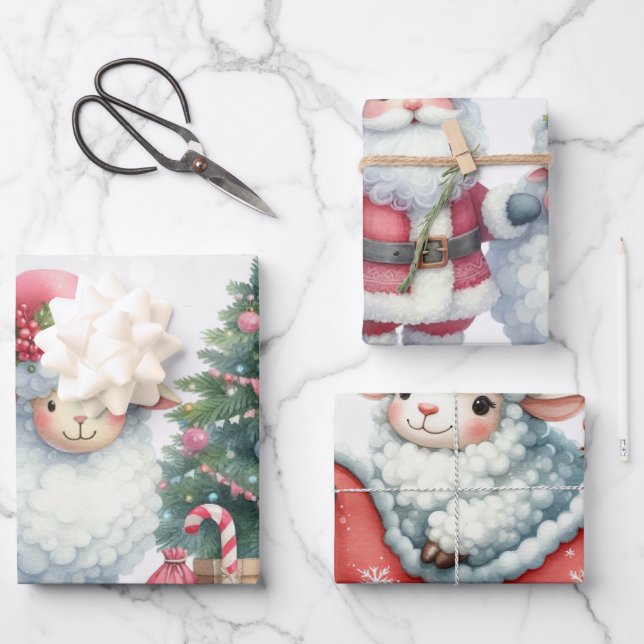 Feuille De Papier Cadeau Bébé Agneaux blancs Enfants de Noël (Recto)