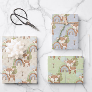 Feuille De Papier Cadeau Bébé Animal Cerf Bleu Vert Tan