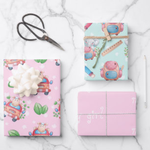 Feuille De Papier Cadeau Bébé Animaux rose pour fille