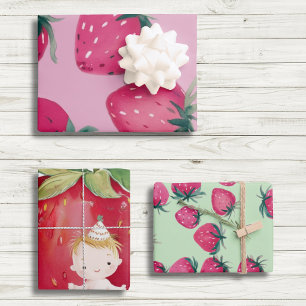 Feuille De Papier Cadeau Bébé anniversaire fraise envelopper fraises en ros