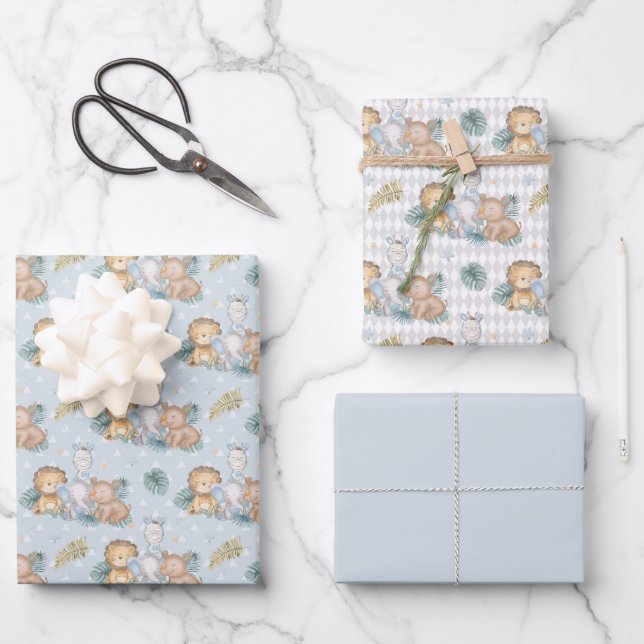 Feuille De Papier Cadeau Bébé bleu éléphant Rhino Lion (Recto)