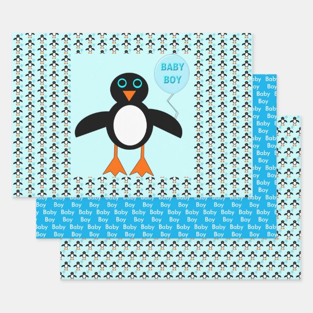 Feuille De Papier Cadeau Bébé Bleu mignon Pingouin Garçon (Lot)