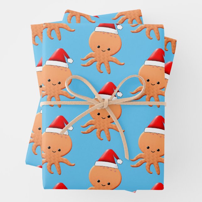 Feuille De Papier Cadeau Bébé de Cartoon mignon Octopus Santas Casquette (En situation)