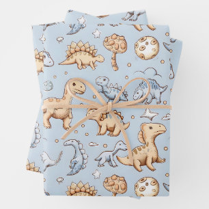Feuille De Papier Cadeau Bébé dinosaures sur bleu
