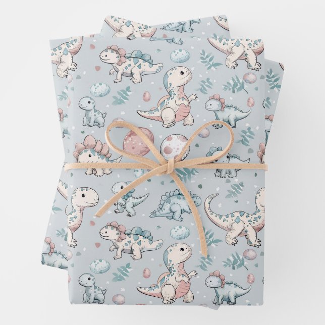 Feuille De Papier Cadeau Bébé dinosaures sur bleu (En situation)