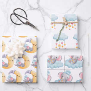 Feuille De Papier Cadeau Bébé Eléphant Lune Nuage Étoiles Coeurs mignons