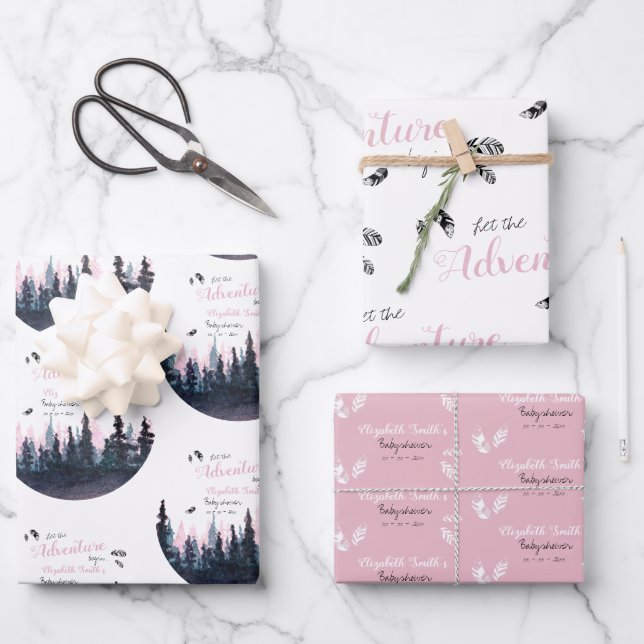 Feuille De Papier Cadeau Bébé fille Rustique aventure bébé douche (Recto)