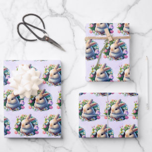 Feuille De Papier Cadeau Bébé lapin en fleurs colorées de printemps
