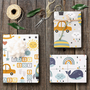 Feuille De Papier Cadeau Bébé mignon voiture et Motif de jouets avec nom