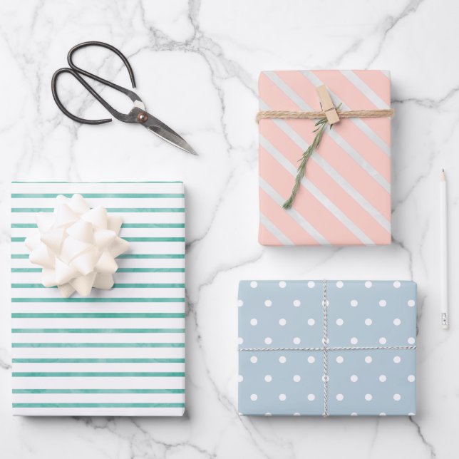 Feuille De Papier Cadeau Bébé pastel printemps rayures et points (Recto)
