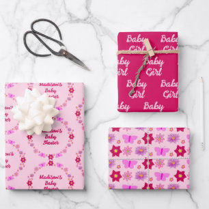 Feuille De Papier Cadeau Bébé rose Baby shower papillons et fleurs