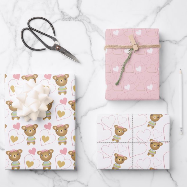 Feuille De Papier Cadeau Bébé rose mignon ours fille (Recto)
