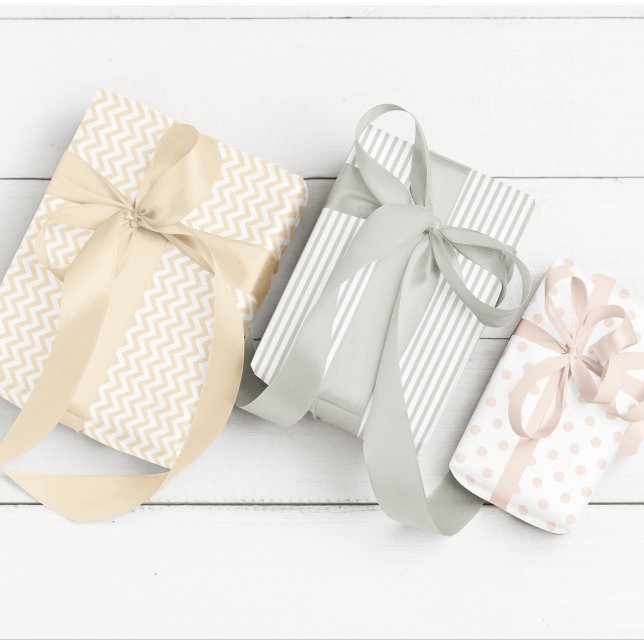 Feuille De Papier Cadeau Bébé Sexe Neutre Stripes, Pois & Chevron (Cute Gender Neutral Baby Shower Gift Wrap. Yellow Chevron Stripes, Sage Stripes, Cream Polka Dots.)