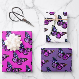 Feuille De Papier Cadeau Belle aquarelle papillons Motif rose chaud