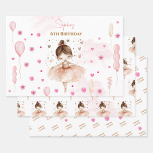 Feuille De Papier Cadeau Belle ballerine rose et ballons anniversaire