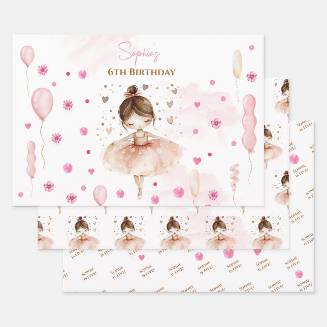 Feuille De Papier Cadeau Belle ballerine rose et ballons anniversaire (Lot)
