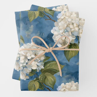 Feuille De Papier Cadeau Belle hydrangée blanche sur bleu