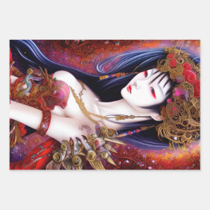 Feuille De Papier Cadeau Belle Japonaise fille Imaginaire gothique Triptyqu