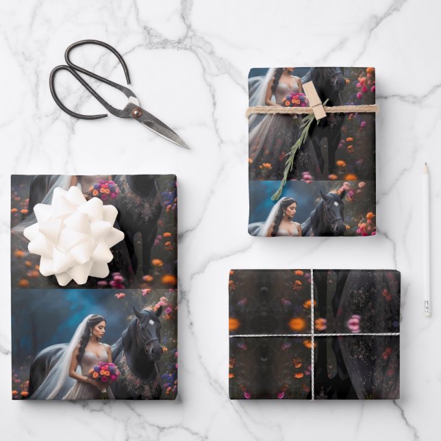 Feuille De Papier Cadeau Belle Mignonne Mini Mariée & Cheval (Recto)
