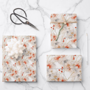 Feuille De Papier Cadeau Belle Pêche Rouge Blanc Floral