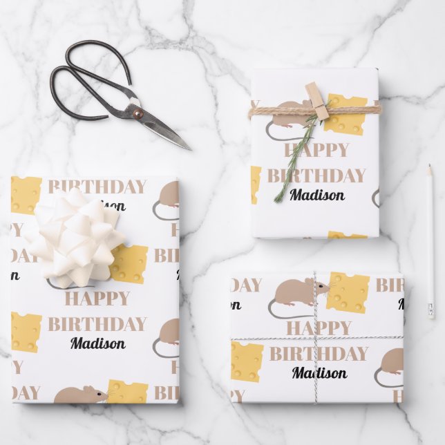 Feuille De Papier Cadeau Belle Souris Rodent Manger Fromage Anniversaire (Recto)