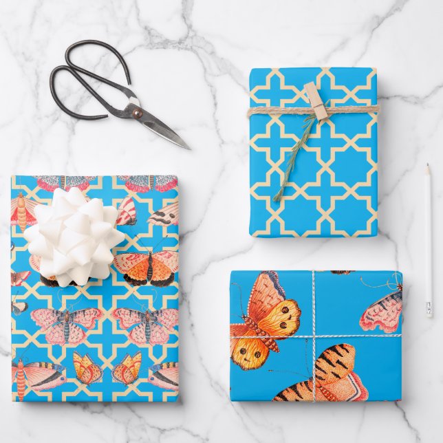 Feuille De Papier Cadeau Belles papillons bleu turquoise (Recto)