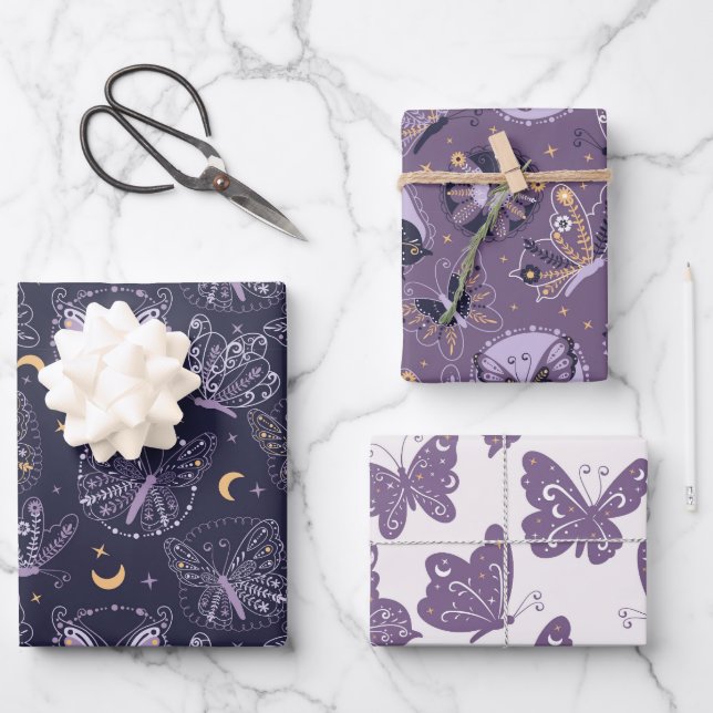 Feuille De Papier Cadeau Belles papillons en pourpre (Recto)