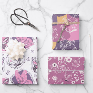 Feuille De Papier Cadeau Belles papillons en rose et pourpre