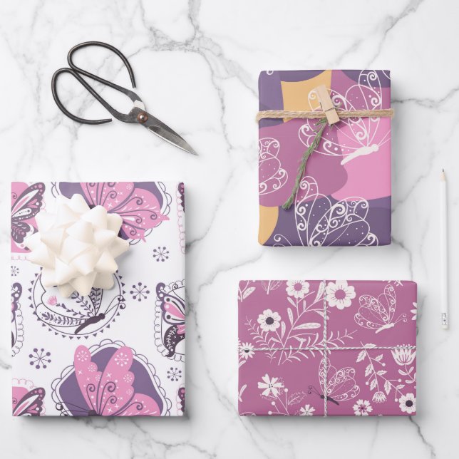 Feuille De Papier Cadeau Belles papillons en rose et pourpre (Recto)