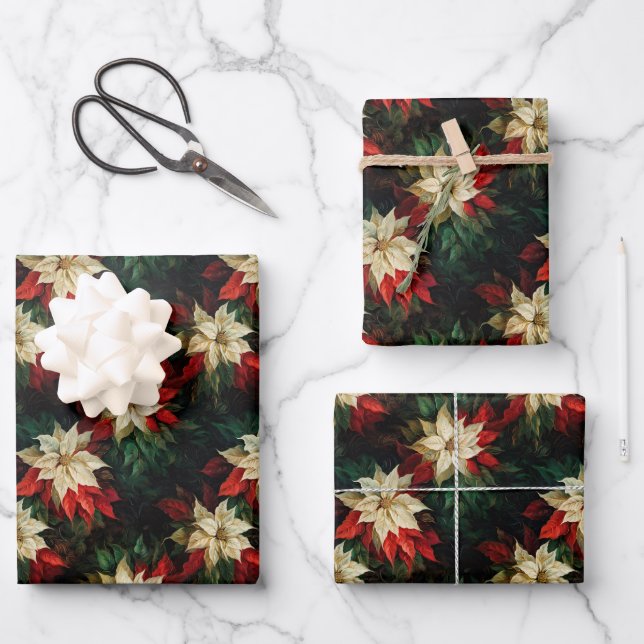 Feuille De Papier Cadeau Belles Poinsettias rouges et blanches (Recto)