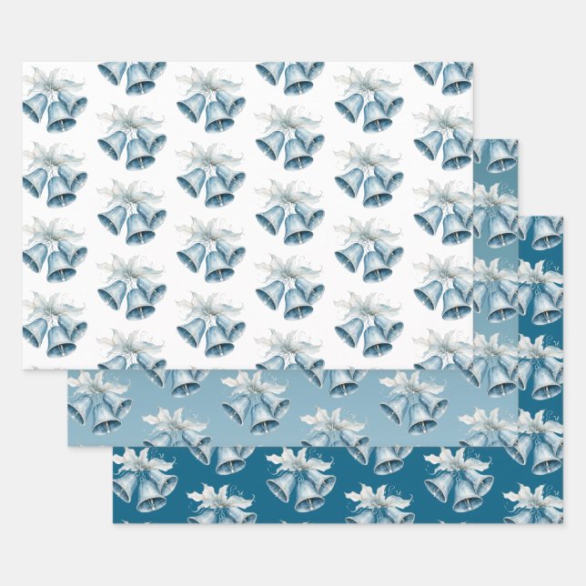 Feuille De Papier Cadeau Bells bleu Noël blanc (Lot)
