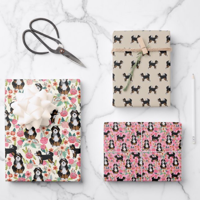 Feuille De Papier Cadeau Bernedoodle Floral mignon chien (Recto)