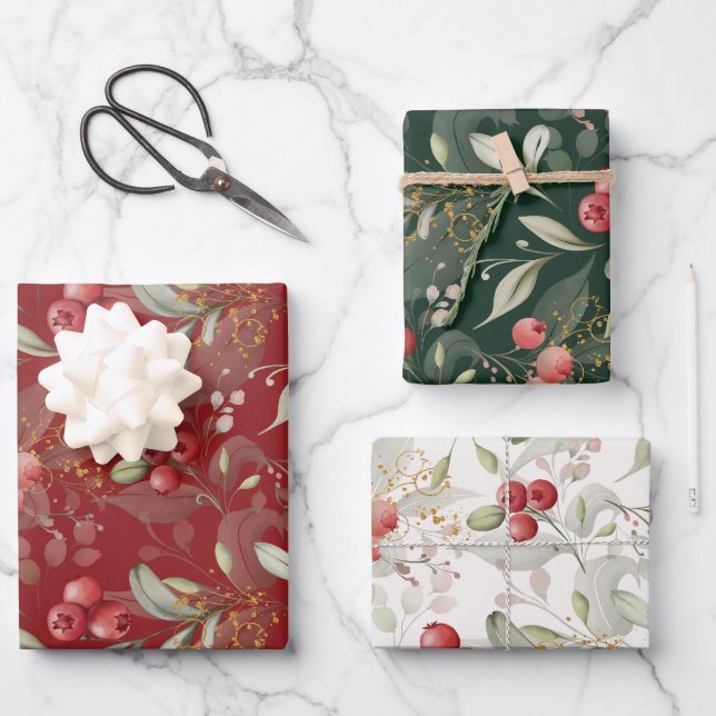 Feuille De Papier Cadeau Berries vertes Noël traditionnel (Recto)