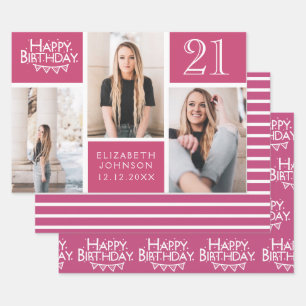Feuille De Papier Cadeau Berry Pink Photo Collage 21e anniversaire