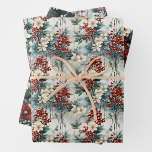 Feuille De Papier Cadeau Berry rouge élégant & Fleurs Noël botanique