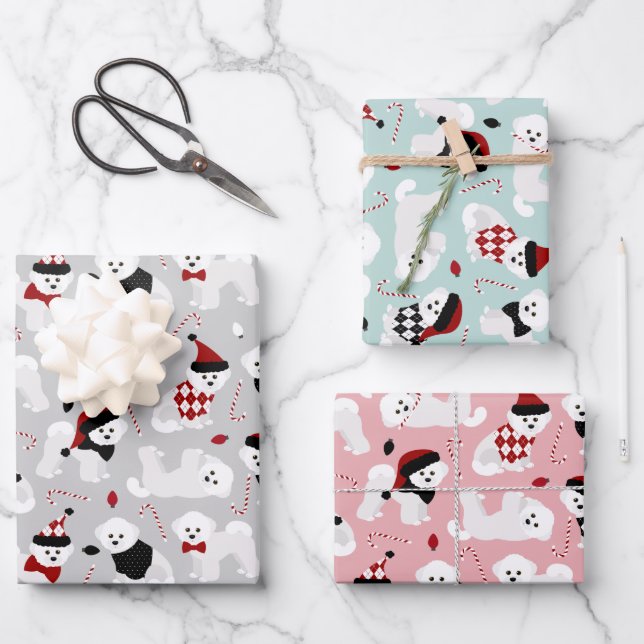 Feuille De Papier Cadeau Bichon Frise Noël gris bleu rose (Recto)