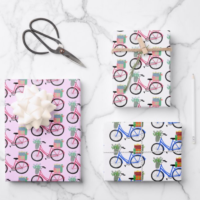 Feuille De Papier Cadeau Bicyclettes Noël Vacances Rose bleu cadeau (Recto)