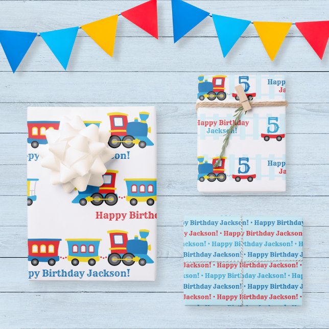 Feuille De Papier Cadeau Birthday Train (Customizable train wrapping paper with a cute train in primary colors)