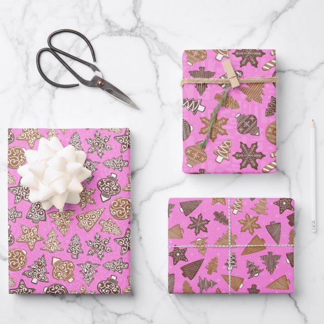 Feuille De Papier Cadeau Biscuits en pain d'épice Jeu de Noël rose (Recto)