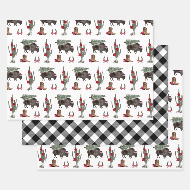 Feuille De Papier Cadeau Bison Christmas Tree Ranch Western Plaid (Lot)